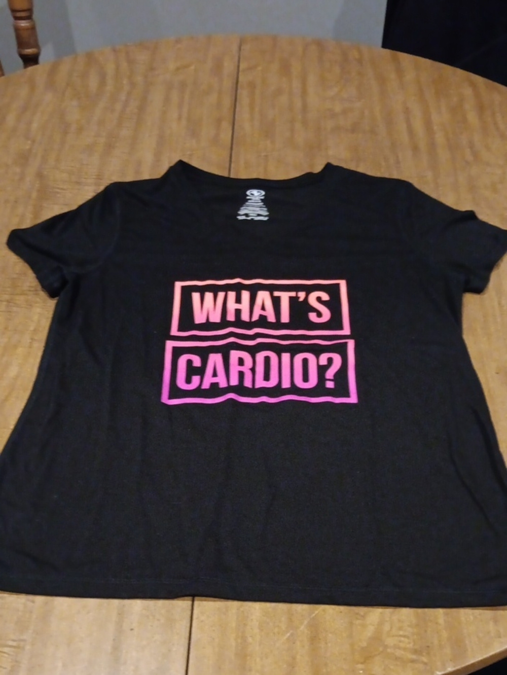 Athletic Works Black Tee with Pink-to-Orange Gradient "What's Cardio?" Graphic